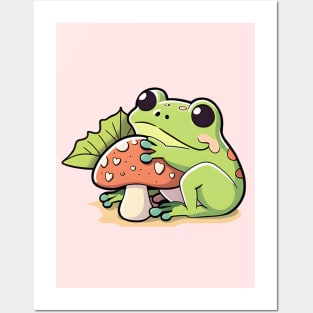 Cute Kawaii Frog with Mushroom Posters and Art